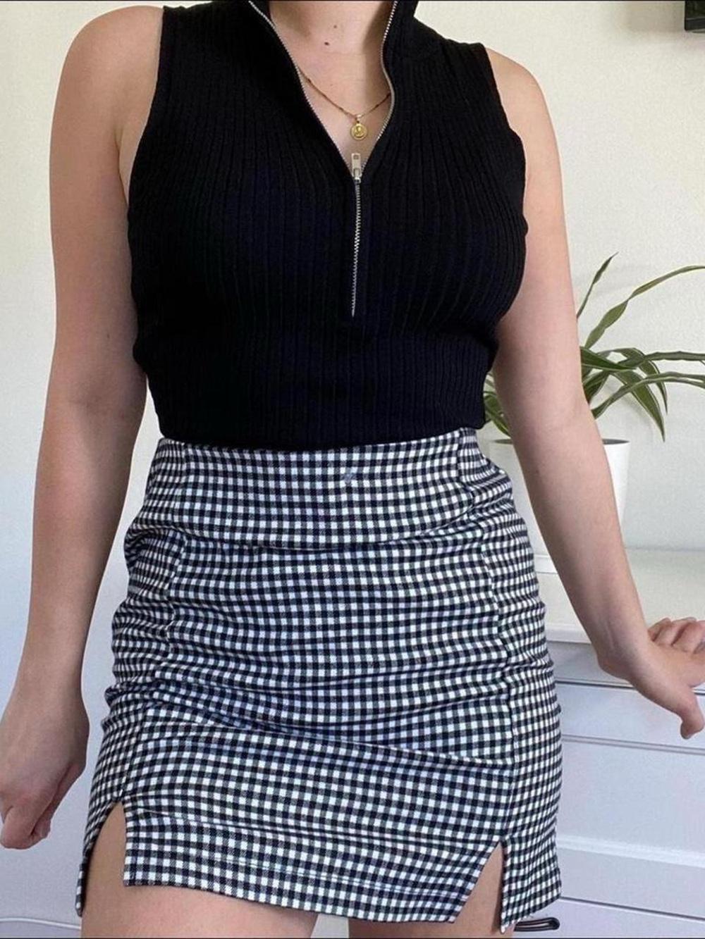 Black & White Gingham Mini Skirt - High Waist